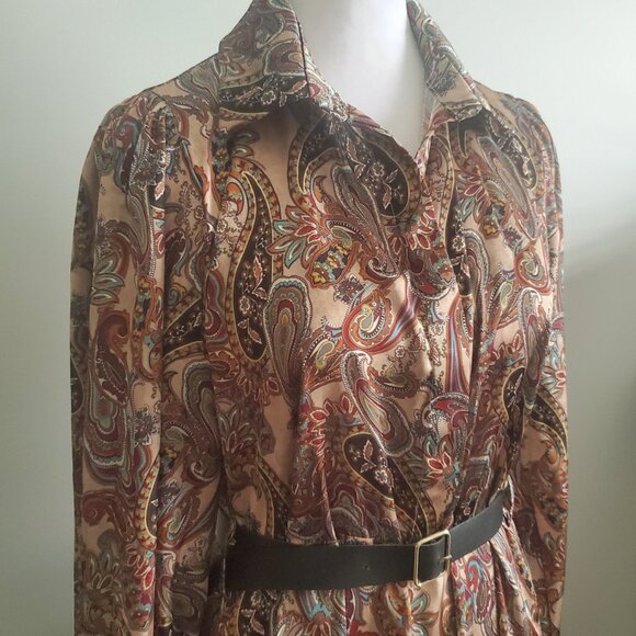ITALIAN Designer Elegant Modest Midi Dress Satin Brocade Paisley Print Pockets - Picture 3 of 10